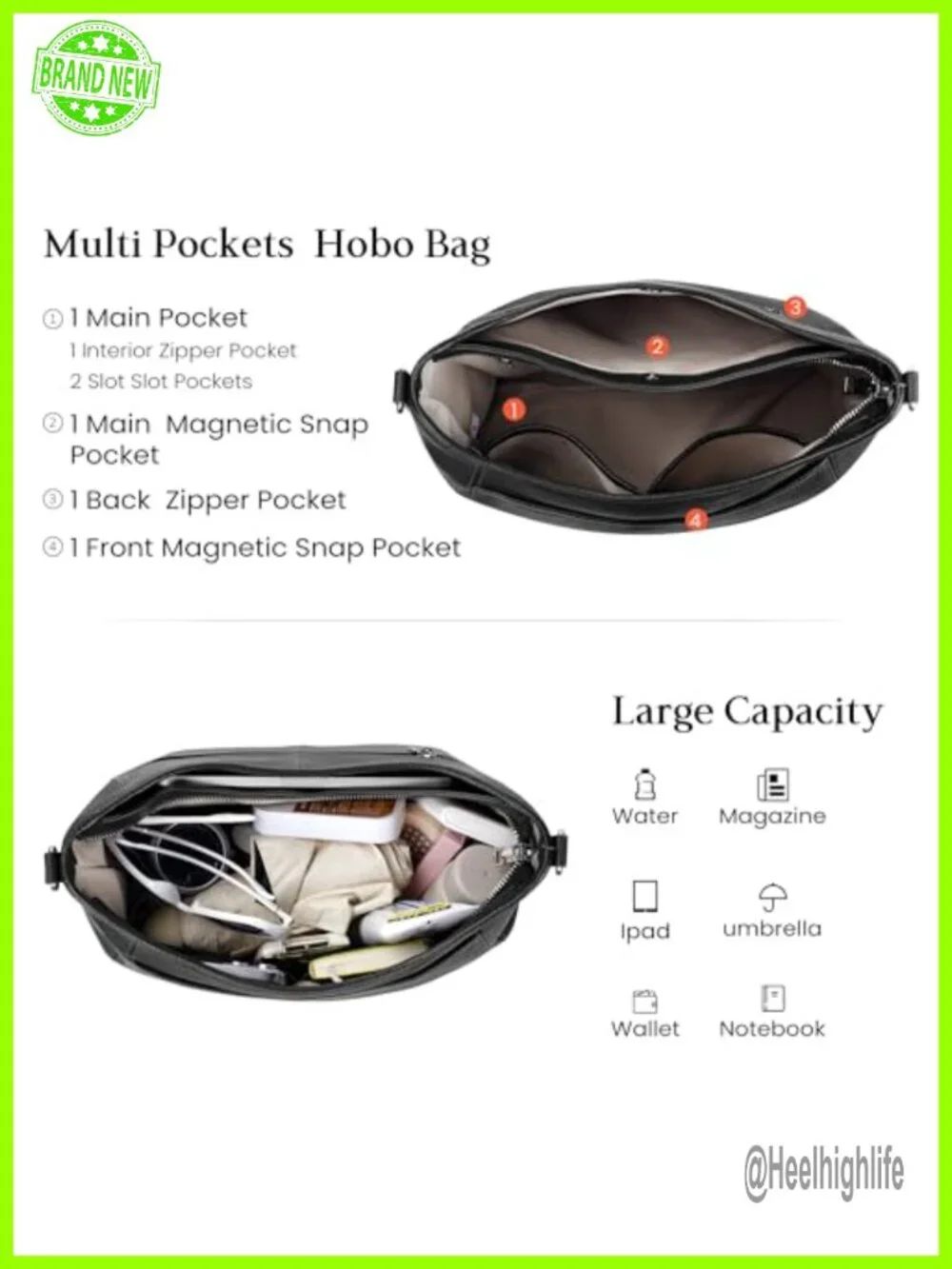 Genuine Leather Hobo Crossbody Bag with 2 Detachable Straps Large Capacity